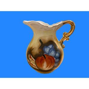 Vintage Hand Painted Fruit Pitcher with Gold Scalloped Handle Grapes Apple
